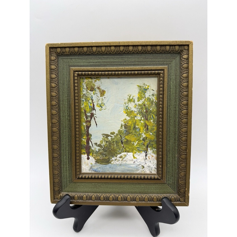 Vintage Miniature Impressionist Oil Painting Snow Stream Framed 6.75"x 7.75"